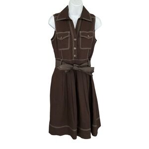 Vintage Carole Little Brown Linen Midi Dress Sz 4 Preppy Retro Rodeo Western